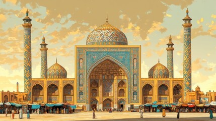 A grand mosque with intricate details and a bustling marketplace in front
