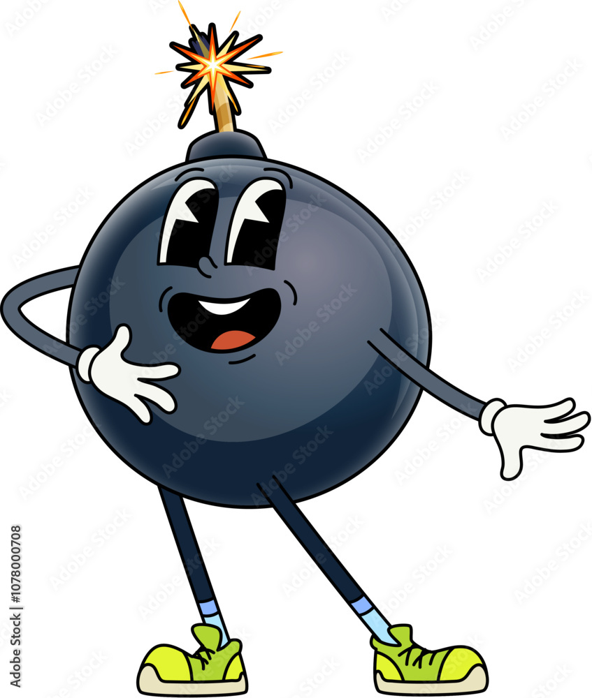 Poster bomb with flaming wick cute groovy character. grenade childish hippie vector mascot, dynamite or bom