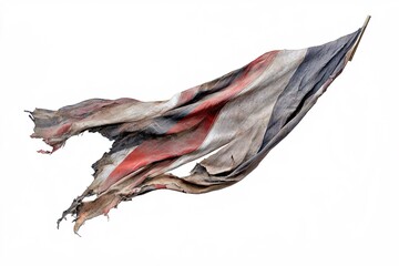 A weathered banner flutters softly on a stark backdrop, embodying strength and a storied past with its faded hues and frayed edges.
