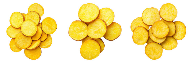 Piles of circular, yellow potato chips arranged in various clusters.