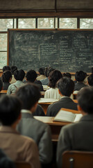 Obraz premium A Rear View of Students Sitting in a Classroom with a Chalkboard in the Background Filled with Equations and Notes