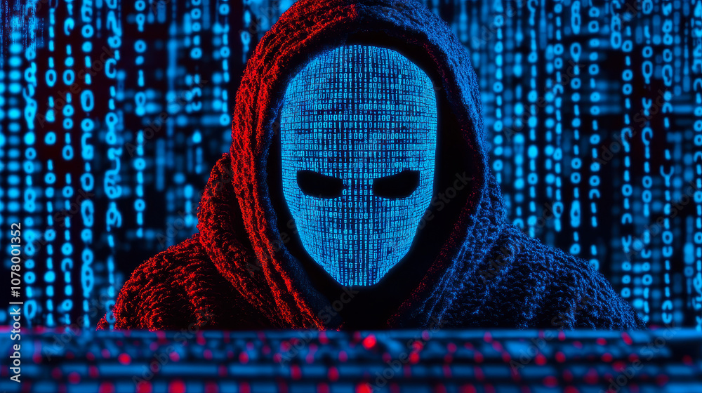 Poster cybersecurity threat concept with hacker in digital matrix background