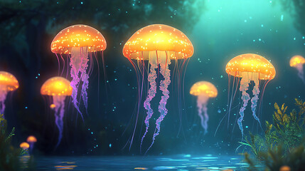 3D render of glowing jellyfish in the dark sea, with glowing lights