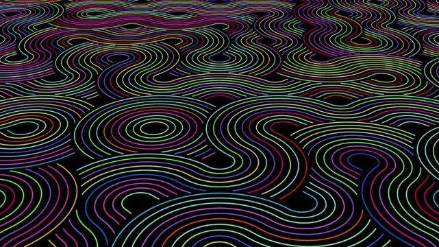 Psychedelic patterns background with bright colorful curves and trippy effect of changing colors. Vibrant lines animation with intricate shape weaves for abstract art and music performance. 4K 60fps