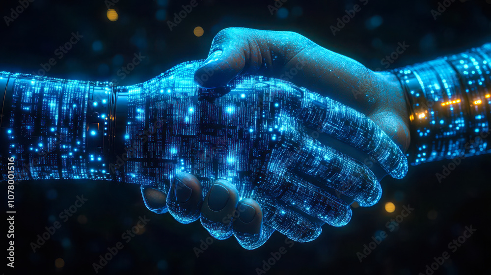 Poster digital blue handshake with binary code representing ai business commitment