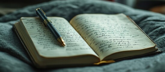 A close-up shot of a black pen resting on top of an open journal on a soft gray fabric. The journal is filled with handwritten notes.