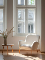 A minimalist living space with a single armchair.