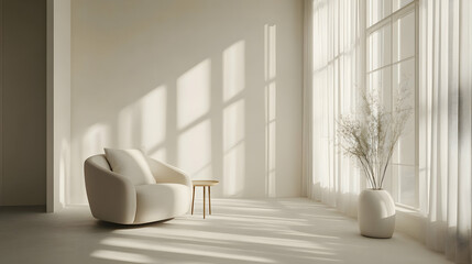 A minimalist living space with a single armchair. Sunlight Room