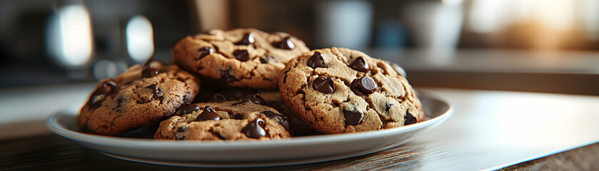 Fototapeta premium Close-up Image of Delicious Chocolate Chip Cookies on a White Plate, a Sweet Treat for Any Occasion