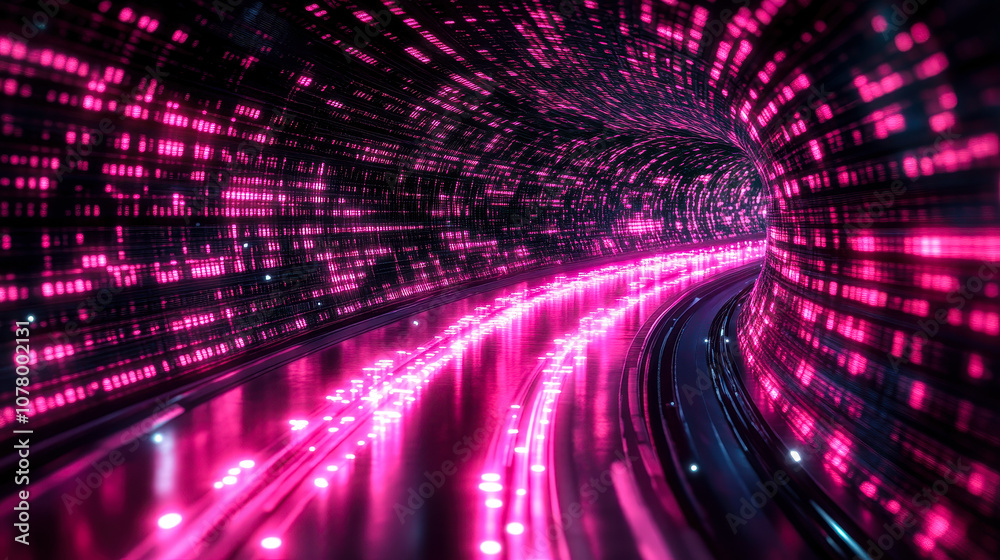 Poster digital highway in pink binary code tunnel illuminated on black background for futuristic concept