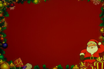 A Christmas card with a copy space, with fir branches and decorative elements on a red background. Bright Christmas and New Year background with garlands, golden confetti.