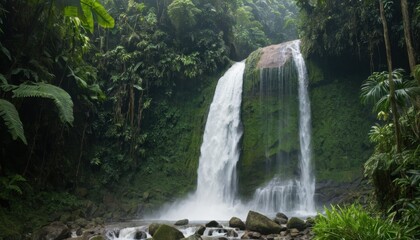 cascading waterfall in a tropical rainforest, powerful and refreshing