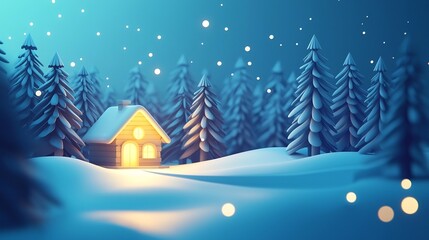 Cozy Cabin Glowing in Snowy Forest With Tall Pine Trees