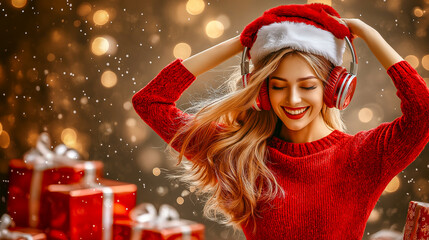 Photo of a beautiful young lady Dancing, wearing headphones and a red sweater in a decorated Christmas living room. Christmas advertising poster
