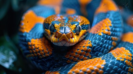 Fototapeta premium Close Up of a Blue and Orange Snake with Striking Eyes