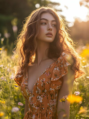 A model wearing a handcrafted dress in the bloom field with golden sunlit.