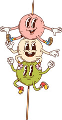 Cartoon retro groovy Japanese dango dessert characters on a stick, expressing joyful funky emotions. Isolated vector colorful hanami dango rice balls evoke fun, happiness, and aditional Japan cuisine