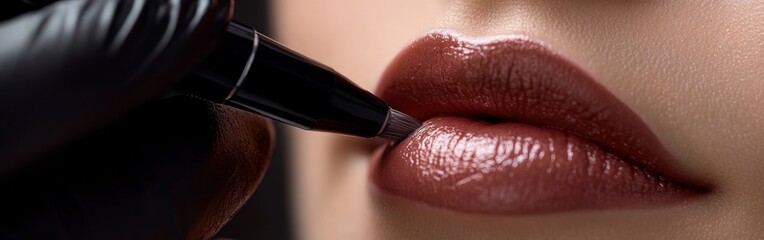 A makeup artist skillfully applies lip liner to accentuate the model's lips, showcasing the artistry and detail involved in makeup application