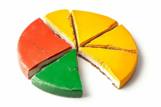 A pie cut into five slices, yellow, green, red.