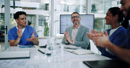 Happy people, medical team and meeting with applause for winning, congratulations or thank you at conference. Excited, group or healthcare employees clapping with smile for promotion in boardroom