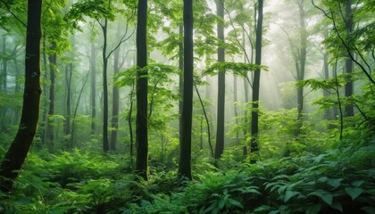 Fototapeta premium dense forest with vibrant green foliage, misty morning light