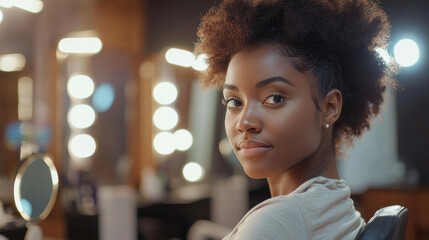 Obraz premium Portrait of a black afro american woman running a beauty salon with hair styling tools, salon chairs and mirrors softly blurred in background