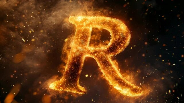 A fire shaped letter 'S' in gold colors, multicolored particles and color smoke background