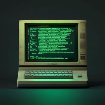 Old computer with green text on screen.
