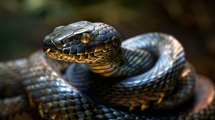 Fototapeta premium Close-Up of a Snake's Head with Intricate Scales and Striking Eyes