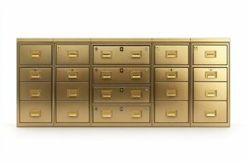 Golden cabinet with multiple drawers.