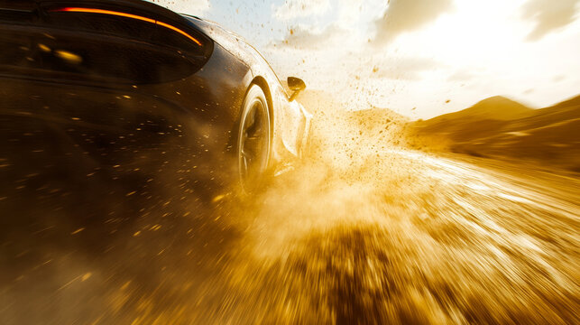Low angle shot of a sports car speeding in the desert with dust swirling and sense of speed