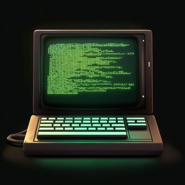 Retro computer with green screen and keyboard.