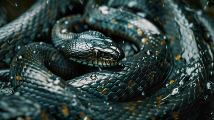 Obraz premium Close-Up of a Black Snake with Rain Drops on its Scales