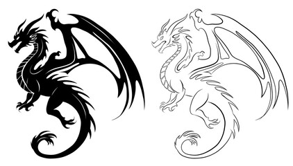 Vector set of dragon silhouette clip arts. Collection of black silhouette and outline dragon with wings isolated from background. Mythological fairytale monster for tattoo and icon. Chinese zodiac.