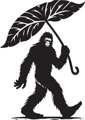 Fototapeta premium Bigfoot silhouette holding a large leaf like an umbrella