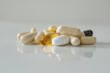 A pile of assorted vitamins resting on a clean, white surface with labels visible in the background. The arrangement reflects the growing trend of dietary supplements for health maintenance