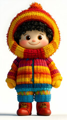 Fototapeta premium Smiling Cartoon Character Wearing a Colorful Knitted Outfit and Red Boots