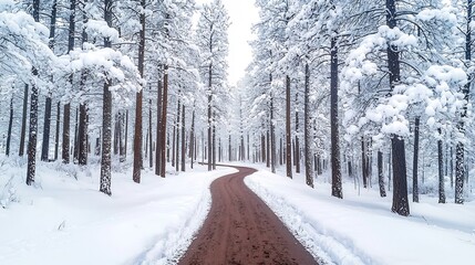 Fototapeta premium Snow-Dusted Pine Trees Lining a Quiet Winter Trail Through a Serene Landscape