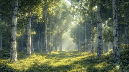 Obraz premium Lush forest with sunlight filtering through trees and greenery.