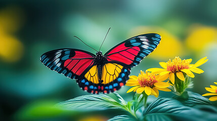 Fototapeta premium A colorful butterfly with black, red, and yellow wings perched on the edge of vibrant green leaves near bright yellow flowers