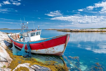 Obraz premium Fishing boats and nets in scenic coastal settings
