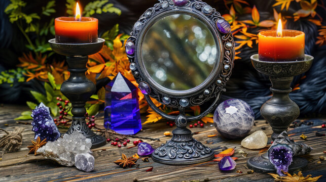 The setup includes a scrying mirror surrounded by crystals and dried herbs, all under soft candlelight on a rustic wooden table