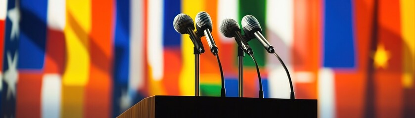 A podium with microphones in front of colorful international flags.