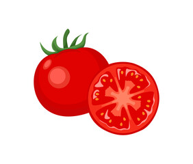 Red tomato whole and slice isolated on white background. Vector cartoon flat illustration. Fresh vegetable icon.