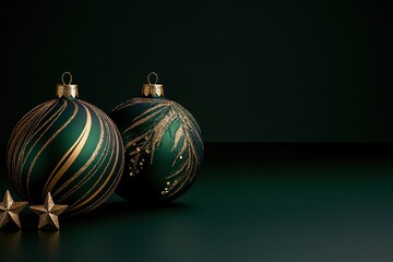 Festive Christmas Table Decorations with Baubles, Stars, and Gold Ornaments on Dark Green Background - Ideal for Greeting Cards and Holiday Celebrations