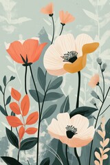 Naklejka premium A retro-inspired floral poster featuring pastel-colored blooms and foliage in a tranquil setting, perfect for vintage home decor. Generative AI