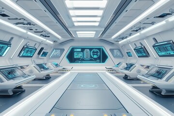 Futuristic spaceship bridge with holographic displays