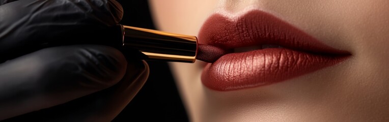 A makeup artist carefully applies a deep brown lipstick to a model’s lips, showcasing precision and artistry in a beauty studio, illuminated by soft lighting