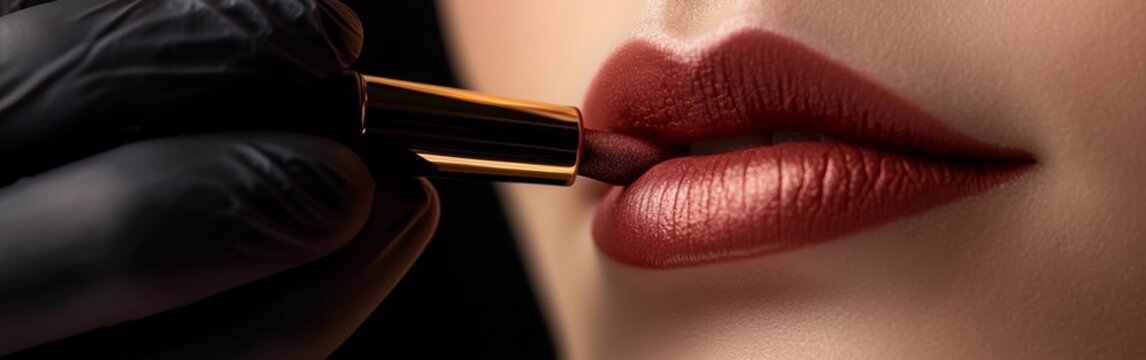 A makeup artist carefully applies a deep brown lipstick to a model’s lips, showcasing precision and artistry in a beauty studio, illuminated by soft lighting