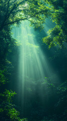 Sunlight Beams Through Lush Green Forest Canopy, Creating a Mystical Atmosphere